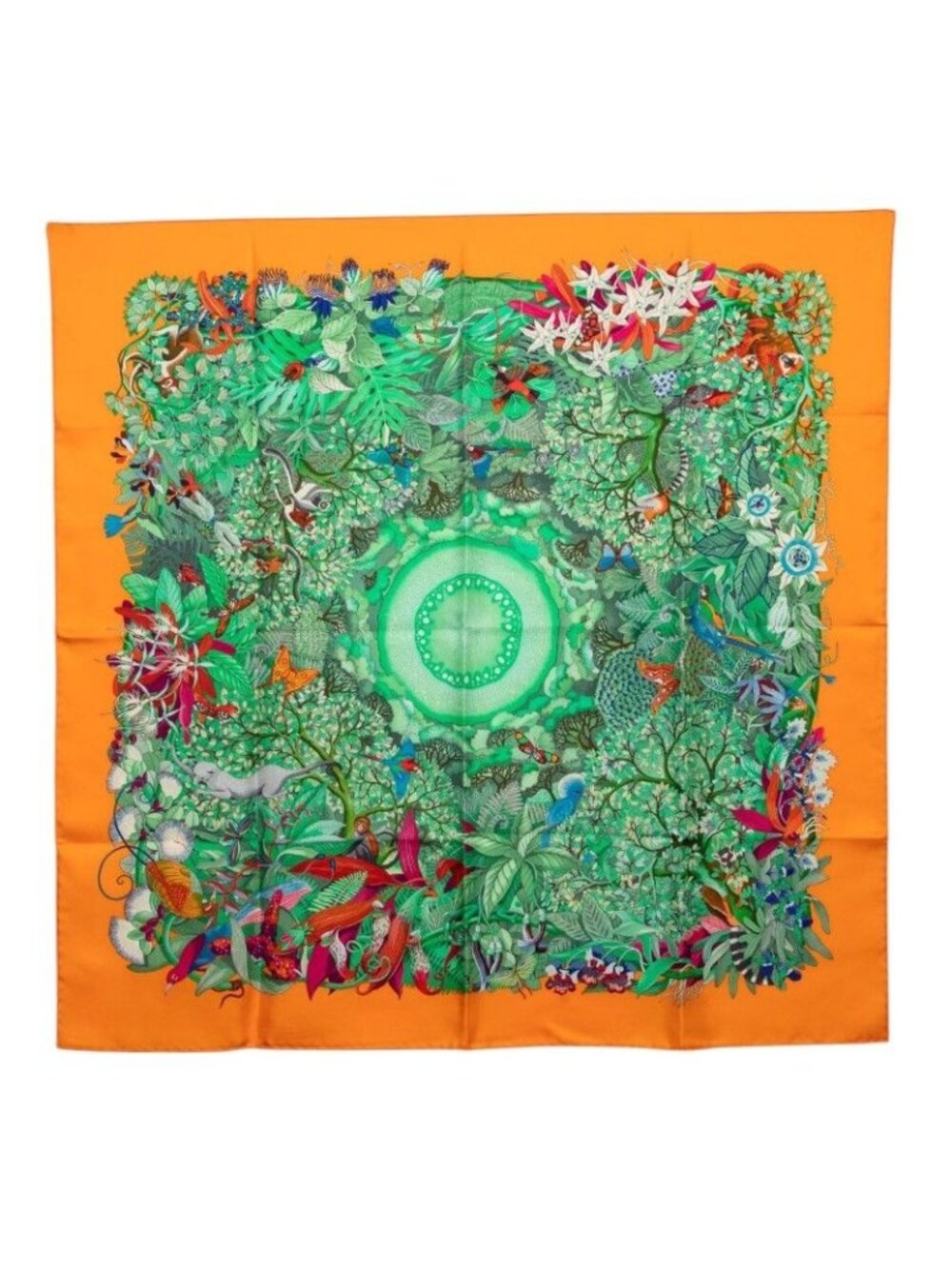 Hermes Carre 90 Au Coeur de la Vie Life Forest Scarf Orange Multicolor Silk